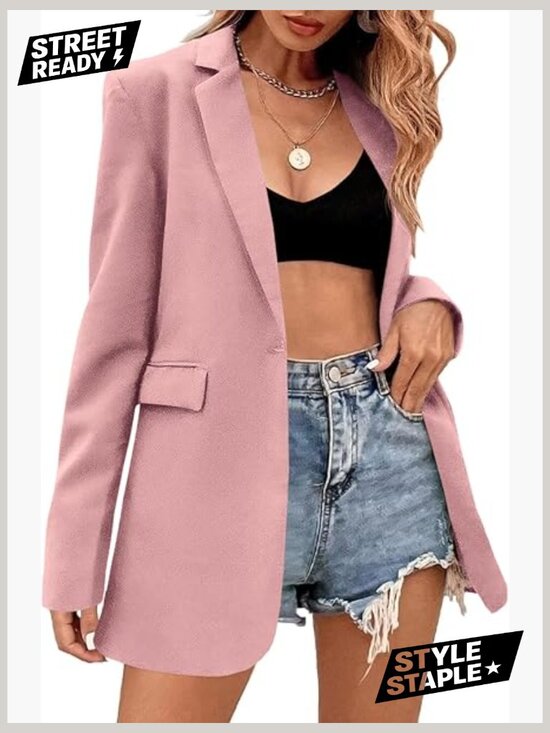 Jackets & Blazers - Women's Long Sleeve Lapel Oversized Button Blazer Suit Jacket Work Office